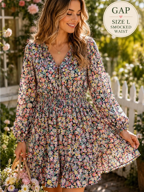 GAP Dresses & Skirts - GAP Floral Smocked Waist Mini Dress Long Sleeve Cottagecore Size L Boho